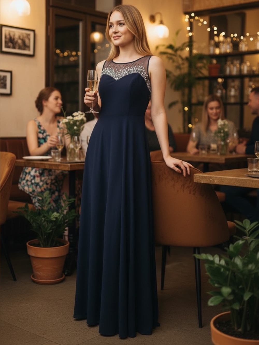 NWT Ignite Evenings Sleeveless Sheath Beaded Illusion Neckline‎ SZ 8 in Navy